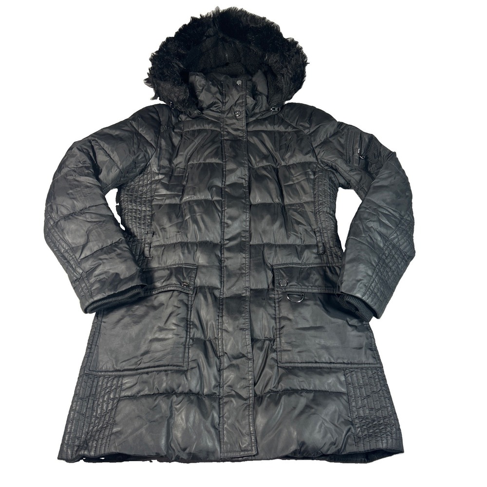 Ralph Lauren Down Puffer Jacket Women's Small Black Faux Fur Hooded Coat